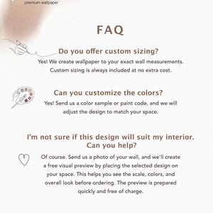 May include: A cream-colored graphic with the text "FAQ" and questions about custom wallpaper sizing and color customization. The Lilii Borea logo is at the top, with a heart and paint palette graphic.