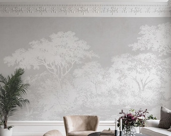 Beige Forest Wallpaper, Neutral Tree Wall Mural for Bedroom, Soft Woodland Landscape