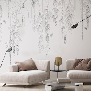 Modernes botanisches Wandbild - minimalistische Line Art-Tapete für Wohnzimmer, Schlafzimmer oder Büro, Schwarz-Weiß-Tapete mit abstrakten Linien