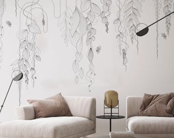 Modern Botanical Wall Mural - Minimalist Line Art Wallpaper for Living Rooms, Bedrooms, or Offices, Black and white abstract lines wallpaper