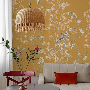Vivid Mustard Yellow Botanical Wallpaper  Birds and Bamboo Design, Removable Wall Murals for Accent Walls, Bedroom, or Living Room