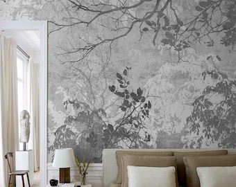 Moody Botanical Branches Wallpaper Mural, Gray Tree Silhouette Accent Wall, Dark Academia Neutral Bedroom Decor, 5-133-1