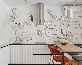Silhouette Body Line Peel and Stick Wallpaper, Minimalist Neutral Line Art Wall Mural, Temporary Modern Abstract Wallpaper for Interiors
