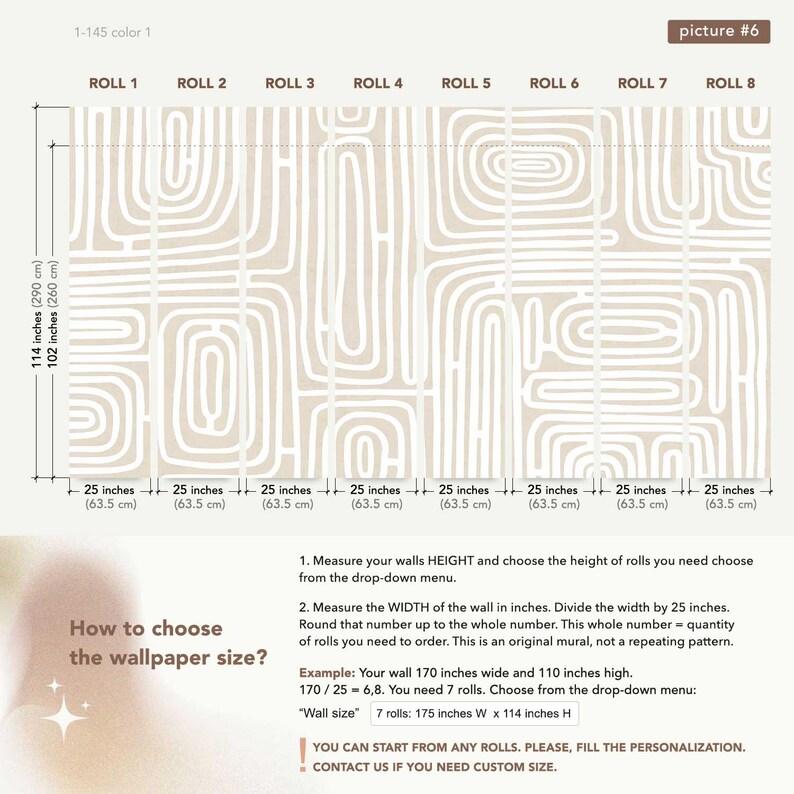 May include: Beige and white abstract wallpaper design. The pattern features curved lines and shapes. The image shows the dimensions of the wallpaper rolls, each 25 inches (63.5 cm) wide, and the height of 102 inches (260 cm) and 114 inches (290 cm).