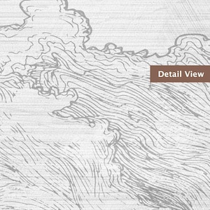 May include: A detailed view of a grayscale artwork featuring stylized clouds and water. The image has a textured, wood-like background. The text "Detail View" is in a brown rectangle.