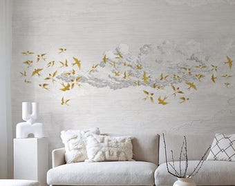 Bird Wallpaper, Living Room Wall Mural, Swallows in Clouds Wallpaper, French Romantic Modern, Peel and Stick Wallpaper