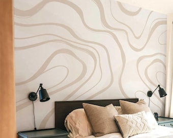 Beige abstract behang, neutraal minimalistische muurschildering voor slaapkamer, woonkameraccentmuur