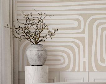 Beige & White lines self adhesive wall mural, neutral abstract peel and stick wallpaper, minimalist design removable wallpaper