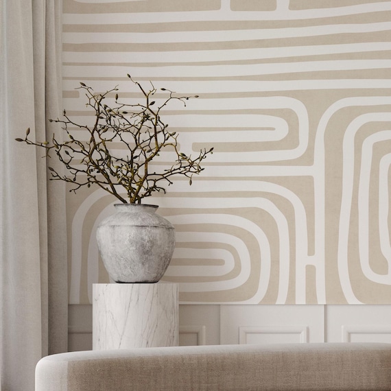Beige & White lines self adhesive wall mural, neutral abstract peel and stick wallpaper, minimalist design removable wallpaper