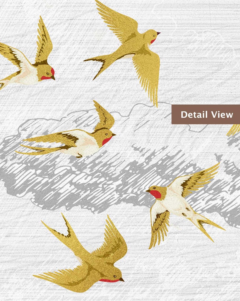 May include: Illustration of several gold-colored birds with red accents, wings spread in flight. The birds are set against a white background with gray, cloud-like shapes. The words "Detail View" are in a brown rectangle.