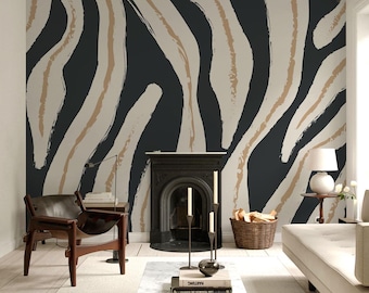 Zebra Stripe Wallpaper Mural, Abstract Neutral Lines in Black Beige Tan, Custom Size, 1-130-1