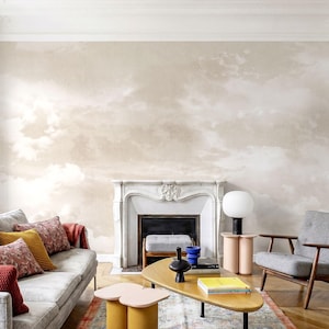 May include: A living room with a neutral color palette, featuring a light gray sofa with colorful throw pillows, a marble fireplace, and a wooden coffee table. The wall has a cloud-like mural. A modern lamp and chair complete the space.