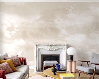 Beige Cloud Wallpaper for Living Room, Dreamy Wallpaper Wall Mural, Neutral Modern Cloud Wallpaper, Peel and Stick Wallpaper