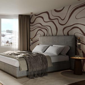 Carta da parati a righe curve – Carta da parati murale astratta moderna con design a linee marroni per interni neutri o eleganti pareti decorative per ufficio, 1-147