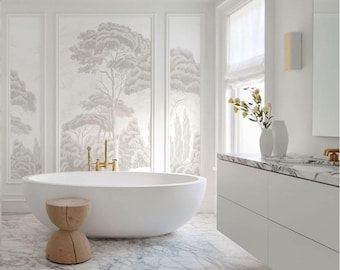 Bathroom Forest Wallpaper – Neutral Wall Mural with Tree Design, Modern Nature Wallpaper for Calm, Minimalist or Luxury Interiors