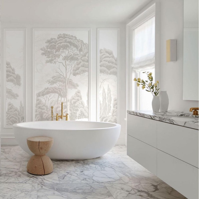 Bathroom Forest Wallpaper – Neutral Wall Mural With Tree Design, Modern ...