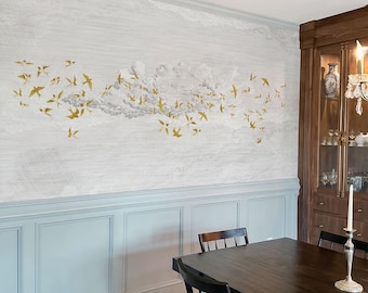 Birds and Clouds Wallpaper, Living Room Sky Mural, Flying Birds Wallpaper, Neutral Wall Mural, Peel and Stick Wallpaper