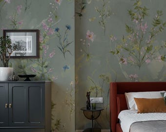 Sage Green Wildflower Wallpaper Mural, Watercolor Meadow Floral Wall, 6-127R-3