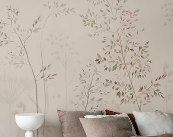 Botanical Beige Wallpaper, Neutral Leaf and Branch Wall Mural for Bedroom or Living Room