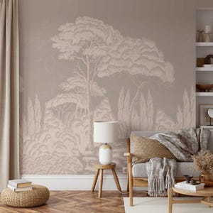 Neutral Tree Wall Mural for Bedroom or Living Room, Beige Forest Wallpaper, Japandi Style Accent for Calm and Natural Interiors