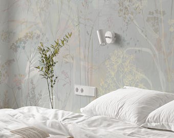 Watercolor Wild Floral Wallpaper - Pastel Blue Gray Mural, Soft Botanical Wall Mural, Little Flowers Field Mural for Bedroom or Living Room
