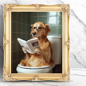 Funny Dog Bathroom Wall Art, Funny Dog Wall Print, Toilet Animal Print, Golden Retriever Gift, Printable Cute Dog Gift for Him | Dog Lovers