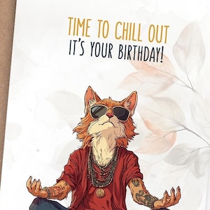Tarjeta de cumpleaños divertida de Chill Cat, tarjeta de feliz cumpleaños imprimible, deseos de cumpleaños divertidos, cumpleaños de meditación, tarjeta de 5x7 / regalo para amantes de las mascotas