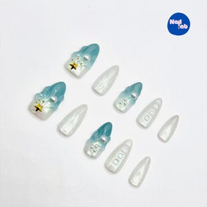 Tidal Sparkle – Trendy Blue Floral Press-On Nails with Shimmer & Metallic Touches | Cute, Reusable Durable Nail Art for Party-Ready Looks