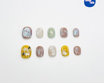Uñas postizas cortas de mármol pastel / Arte de uñas abstracto artesanal / Reutilizable