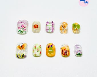 Butterfly Hand-Painted  Short Press-On Nails | Cottage core Artisan Nail Set | Reusable  | Hand-Crafted