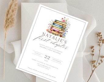 May include: A white invitation card with black text and a watercolor illustration of a stack of colorful books with flowers. The text reads "Natalie's First Chapter" and includes the date "Sunday, September 22, 2024" and the time "Three O'Clock in the Afternoon".