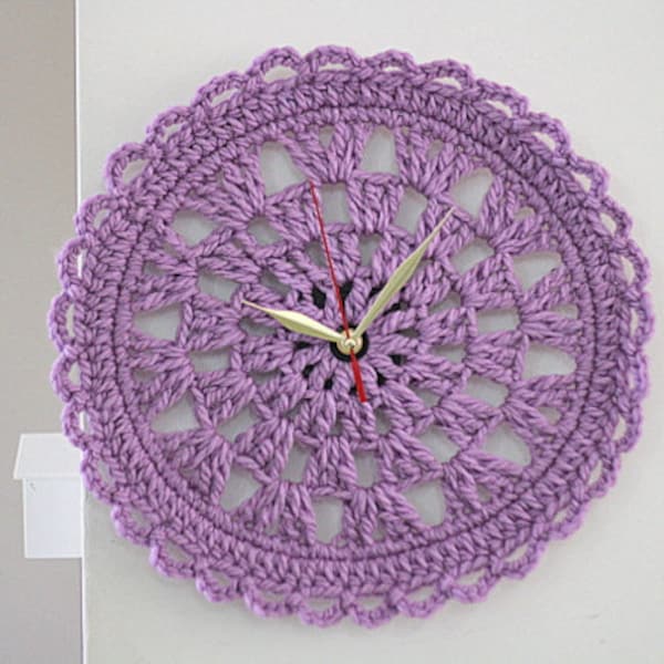 clock violet baby lace crochet doily clock for home, purple round clock, home decor