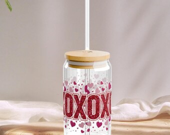 Valentine Sipper Glass 16oz, Glass can has XOXO Love Romantic Notion Gift, Pink Red Can, Valentine&#39;s Day Gift, Love Cup  Romantic Date Night