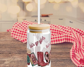 Cowgirl Valentine Sipper Glass, 16oz - Boots Coffee Drink Let&#39;s Go Girls, Gift for Her, Western Themed, Country Cowgirl Decor, Valentine&#39;s