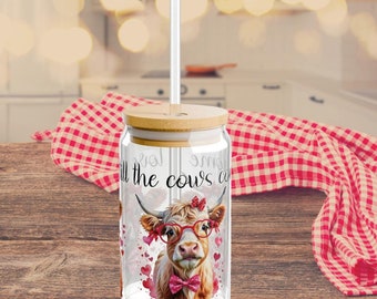 Glass can sipping cup,  Valentine Cows, I Love You Till the Cows Come Home, Cow Lover Gift, 16 oz glass can with straw