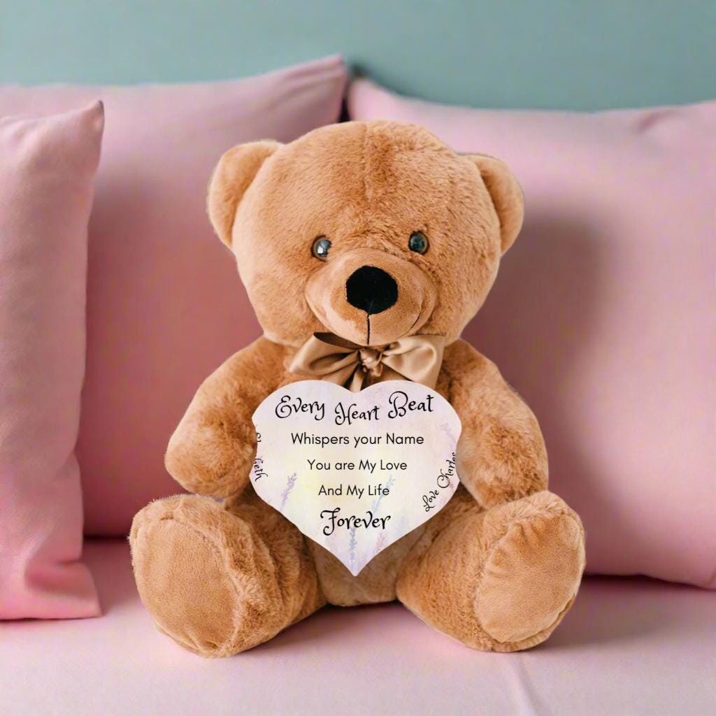 Soft Personalized Teddy Bear Plush heart sign with a special message, perfect romantic gift, Anniversary, Birthday, Valentine, Gift of Love