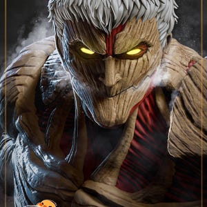 Op de afbeelding: Gedetailleerde figuur van een Titan uit de anime-serie Attack on Titan. De figuur heeft een getextureerd, gespierd uiterlijk met blootliggende spieren en botten. De Titan heeft felgele ogen en een strenge uitdrukking. De figuur staat tegen een donkere achtergrond.
