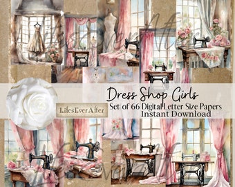 Dress Shop Girls,  66 PAGES, Tall Journal Digital Pages, Slim, Skinny Journal, Digital Journal Kit