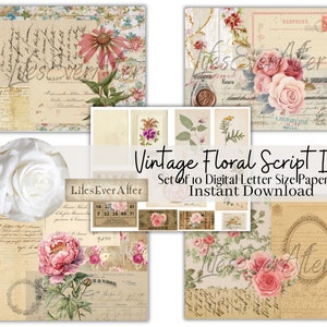 Vintage Script and Floral Pages, Junk Journal Digital Downloads, Journal Downloads, Journal Digital Papers