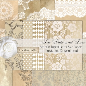 Tea Stain and Lace, Strony cyfrowe, Natychmiastowe pobieranie, Strony dziennika, Strony do scrapbookingu, Sztuka tworzenia kartek
