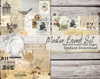May include: A set of six printable digital scrapbook paper pages in letter size. The pages feature vintage-style images and text, including birds, flowers, a birdcage, a ticket, and a musical score. The text on the pages includes "Lifes Ever After", "NOTYPE", "LINOTYPE", "ADMISSION", "FREE! 4 PACKETS SEED", and "BIN".