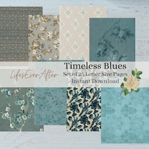 Blues intemporel, Papiers numériques bleus, Impressions numériques bleus, Carnet de bord bleu, Collage, Éphémères, Scrapbooking, Créations en papier