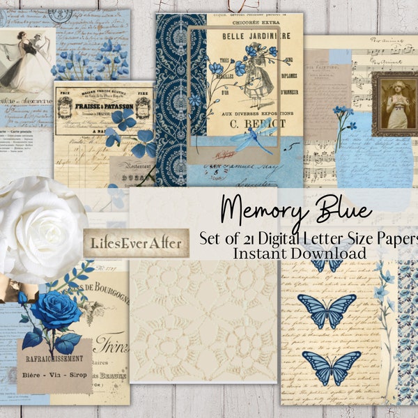 Memory Blue, Tall, Skinny, Slim, Digital Journal Kit, Junk Journal, Instant Download, Digital Kit