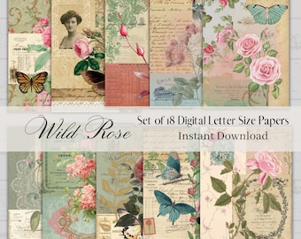 Wild Rose Journal Kit: Tall Junk Journal, Ephemera (Digital Download)