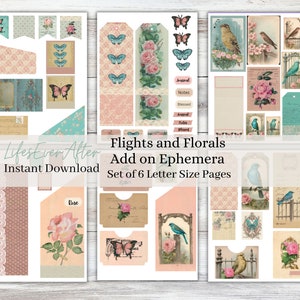Flyg och blommor Ephemera Tilläggskit: Vintage Journal Elements (digital nedladdning)