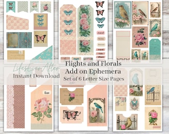 Op de afbeelding: Een set van zes bedrukbare digitale papieren met een vintage bloemen- en vogelthema. De papieren bevatten afbeeldingen van rozen, vlinders, vogels en een hek. De papieren zijn perfect voor scrapbooking, kaartmaken en andere papierkunst.
