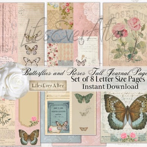 Butterfly & Roses Tall Journal Pages: Set of 8 (Digital Download)