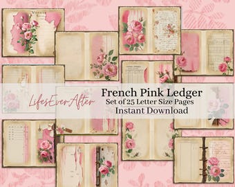 May include: A set of 25 printable ledger pages featuring a pink and white floral design. The pages are letter size and have a vintage aesthetic. The text "French Pink Ledger" and "Lifes Ever After" is included in the image.
