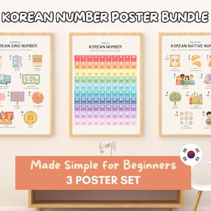 Op de afbeelding: Een set van drie educatieve posters getiteld Korean Number Poster Bundle, met Koreaanse Sino-getallen, een Koreaans getallenrooster en Koreaanse inheemse getallen met kleurrijke illustraties, tekst en cijfers op een lichte achtergrond.