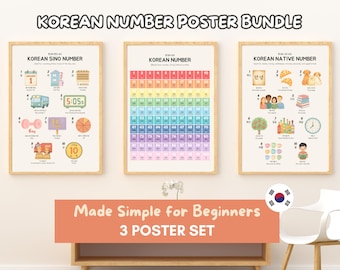 Korean Numbers Chart Poster Set of 3 - Sino & Native Counting Wall Art | Hangul Numbers 0-100 | Printable Korean Decor | Digital PDF